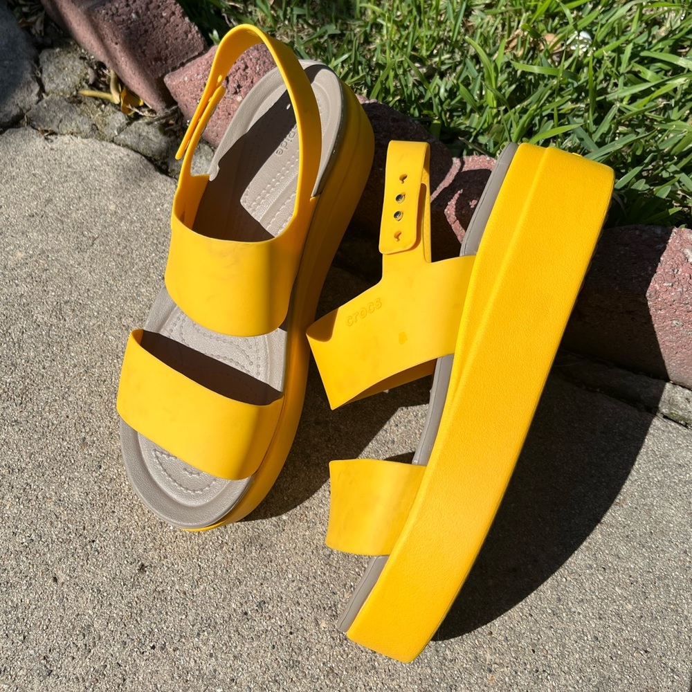 Bright yellow Croc wedges